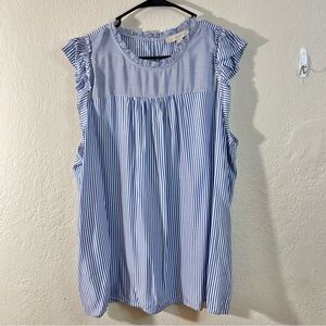 LOFT Women Ruffle Neckline Blue/White Striped Blouse XL casual Career travel